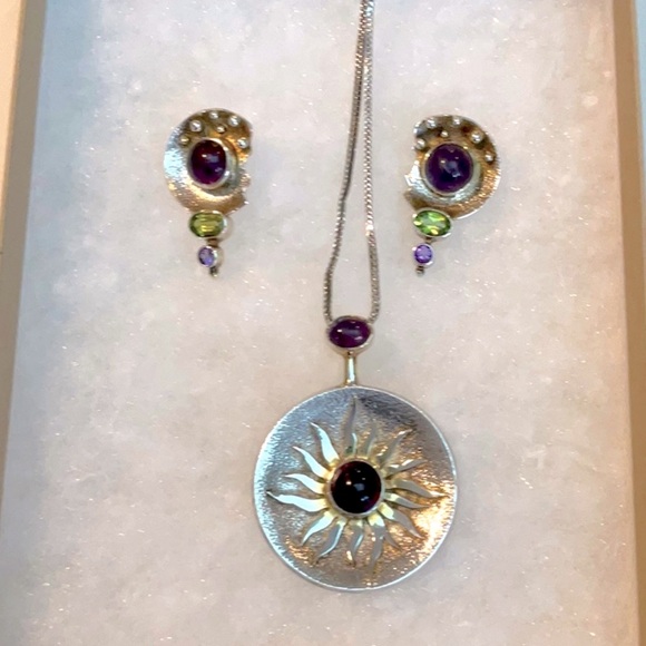 Modern Sterling Silver Earrings W/ Gemstones - Picture 1 of 7